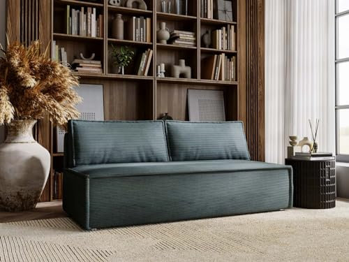 MKS MEBLE Sofa Cord, Cord Couch, Sofa mit Schlaffunktion und Bettkasten, Schlafsofa Cord, Couchgarnitur Ecke Bettcouch, Cord Stoff - TOPI - Grün Velours