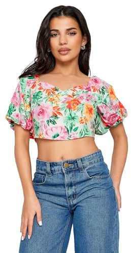 PixieGirl Petite White Floral Print Puff Sleeve Crop Top Petite