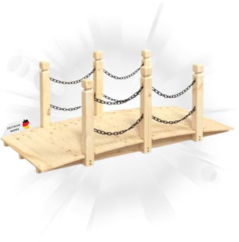 DELUKE® Holzbrücke mit Kettengeländer Robbi Natur | 150x67x56cm | Gartenbrücke mit Geländer Teichbrücke Holzsteg Gartendeko Teich Garten Zierbrücke Hinterhof-Brücke Deko