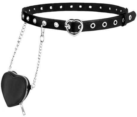 MILAKOO Punk Leder Gürtel Y2K Hip Hop Emo Gürtel mit Herz Tasche Schwarz Verstellbar Damen Gürtel (2 Stück)
