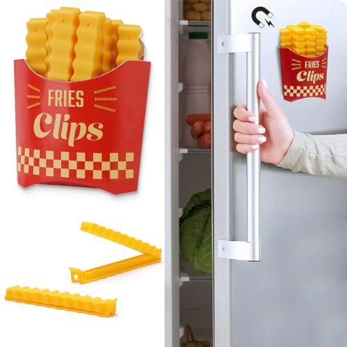 12 Stück Pommes-frites-förmige Tütenklammern, lustige Tütenklammern für Lebensmittel mit magnetischer Box, um immer zur Hand zu sein,food bag clips with Magnetic Box