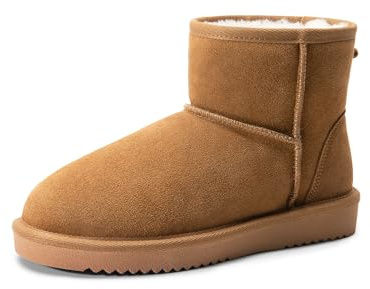 DREAM PAIRS Snow Boots for Women Genuine Suede Faux Fur Lining Anti-Slip Warm Winter Booties Slip On Memory Foam Ankle Boots FuzzyClassicⅡ Low Boots,Size 8.5,Chestnut,SDSB2432W