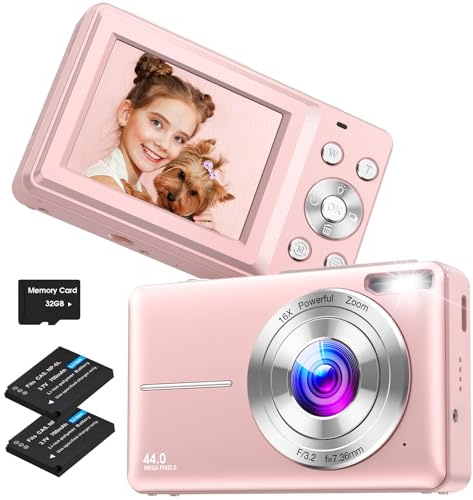 Digitalkamera, Nsoela Fotokamera Kompaktkamera mit 32GB Karte 44MP Fotoapparat 1080P HD Vlogging Kamera LCD-Bildschirm 16X Digitalzoom & 2 Batterien für Teenager,Anfänger（Rosa）