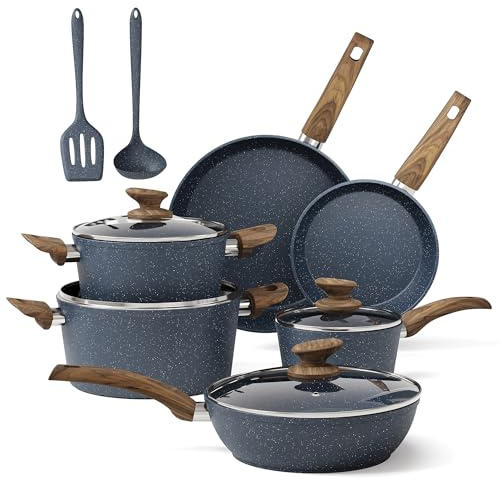 MAISON ARTS Pots and Pans Set, 12 Piece Blue Kitchen Cookware Sets Nonstick | Induction Compatible, Granite Pans Set for Cooking, 100% PFOA & PFAS Free Non-Toxic, Easy to Clean, Even Heating