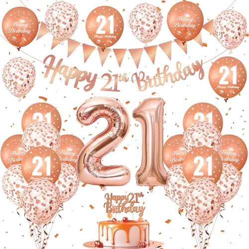 Decoration Anniversaire 21 Ans, Ballons Anniversaire avec Ballon Rose Gold, Ballon Paillette et Ballon 21 Ans, Banderole Joyeux Anniversaire, Topper Happy Birthday, pour Deco Anniversaire 21 Ans Fille