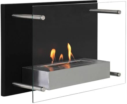 Nevada Bio-Wandkamin, Schwarzer Bioethanol-Wandkamin mit Glasfrontpaneel, Brenndauer bis zu 6 Stunden, für gemütliche Abende mit der Familie, 2 kW.