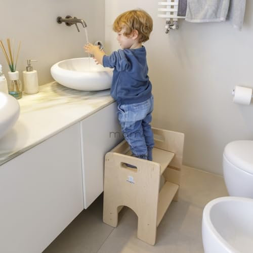 mamikids Learning Tower Bubù - Torre Montessoriana in Legno Naturale con Lavagna per Bambini da 1 Anno, Torretta Montessoriana Apprendimento Utilizzabile come Tavolino Bambini, Made in Italy