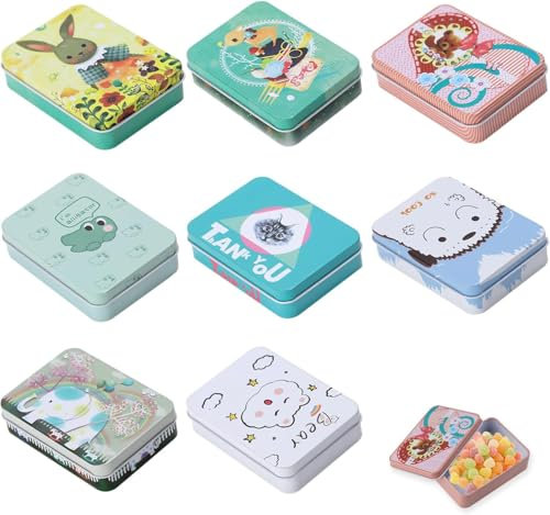 Jinsion Kids Metal Storage Box, Pack of 8, 9.2 x 6.5 x 2.4 cm, Rectangular, Cartoon, Rustproof, Airtight, Small Items