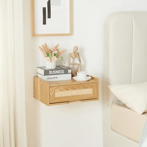 [en.casa] Wandregal Ljuredsø mit Schublade Nachttisch Hängend Schwebendes Regal Wandmontage 40x30x16,5 cm Eiche