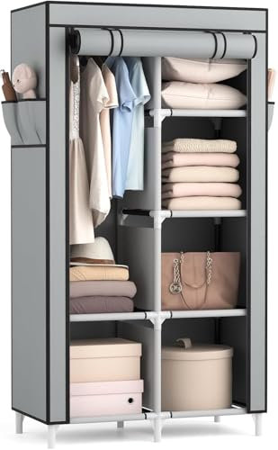 Vicye Kleiderschrank, Tragbarer Stoffschrank mit Kleiderstange, 6 Ablagen, 4 Seitentaschen und Überzug, Kleiderschränke Stabil für Schlafzimmer Ankleidezimmer (Schwarz, 84 x 42 x 162 cm), grau