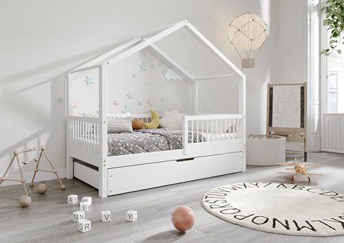 TIMBEE MURLO - Box Holzbett - in Hausform mit Gitter, Sprossen und Schublade - Skandinavischer Stil - Massive Konstruktion aus Naturholz - Option mit Schublade - Weiß - 90x180cm