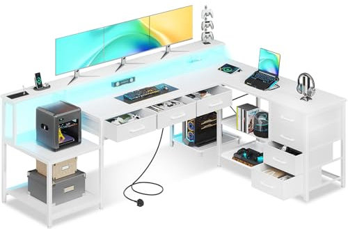 Coleshome 199.5x145.5 cm Corner Desk with 7 File Drawers, L Shaped Desk with 2 Power Outlets & LED lights, Home Office Desks with Storage Shelves, Reversible Computer Table with Monitor Shelf, White