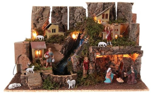 Holyart Dorf für Krippe mit Feuer, Lichtern, Wasserfall und Grotte 40x58x38 cm, Mit Statuetten