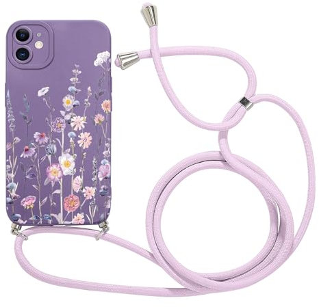 Yirlbey Cover per iPhone 12 6,1'' con Cordino, Aesthetic Fiori Motivo Disegno Viola Silicone Case Corda con Regolabile Laccio Antiurto Antigraffio Bumper Protezione della Fotocamera Custodia
