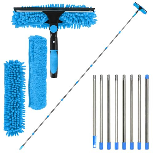 MLOQI Limpiacristales con Mango Extensible(326cm), Limpiador de Ventanas con Escobilla de Silicona & Paños de Microfibra, Kit Limpiacristales Profesional (Azul)