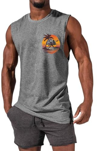 Summer Tank Tops for Men UK Gym Cut Off Sleeveless Top Palm Tree Print Graphic Tee Shirts Muscle Tops Vest Palm Tree Hawaiian T-Shirt Casual Beach Tanks Grey