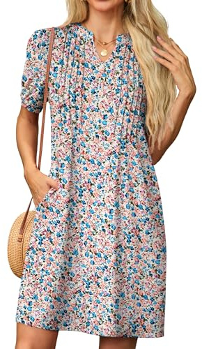 GRECERELLE Womens Dresses Summer Casual Short Sleeve V Neck Shift Dress for Women Ladies T Shirt Dress with Pockets (Pink Blue Floral, XXL)