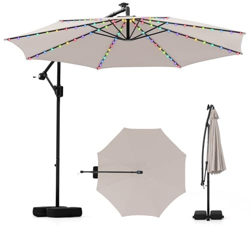 COSTWAY Sombrilla Terraza Exterior 3x3M con Base, Parasol Jardin con Iluminación LED, 9 Modos, 96 Luces, Ajuste de Inclinación, Rotación de 360°, Manivela, sombrillas para patio Jardín (Beige)