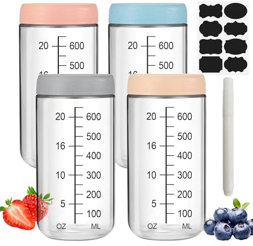 4 Stück Overnight Oats Gläser 750ml – Meal Prep Gläser Einmachgläser mit Schraubdeckel Skala & weiter Öffnung Mason Jar für Salat, Chutney, Joghurt, Pudding, Hausgemachte Marmelade, Joghurt, Porridge