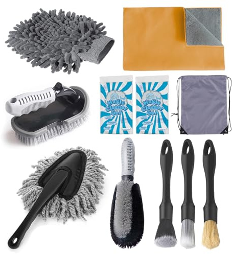 Juformin 10PCS Car Detailing Brush Set - Multi-Functional Brushes with Microfiber Suede Towel & Natural Cleaning Gel, Complete Car Interior & Exterior Detailing Kit