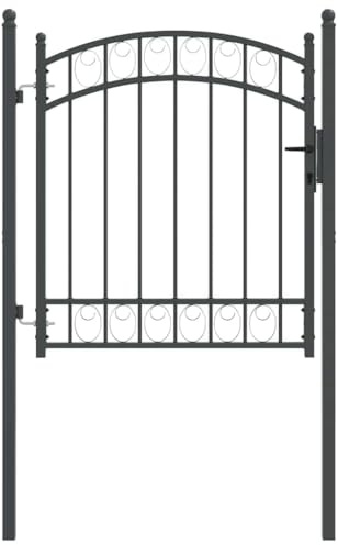 vidaXL Fence Gate with Lock Grey 125 x 100 cm Powder-coated steel, Modern Outdoor Hardware, Rectangular Steel Security Gate with Arched Design, Garden and Terrace Access Solution