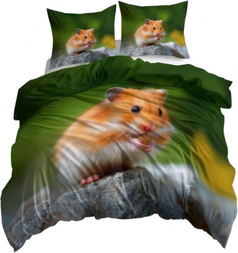 Hamster Bettwäsche 135x200 Maus Bettwäsche Set, 3D Bettbezug Set Weich Microfaser Bettbezüge 2 Teilig Tier Wendebettwäsche für Einzelbett, mit 1 Kissenbezug 943e