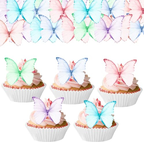 Catelves Esspapier Schmetterlinge Tortendeko Geburtstag,48 Stück | Essbare Schmetterlinge für Torte Bunt,Schmetterling Deko Kuchen Essbar Schmetterling Cupcake Deko Essbar,Tortendeko Hochzeit