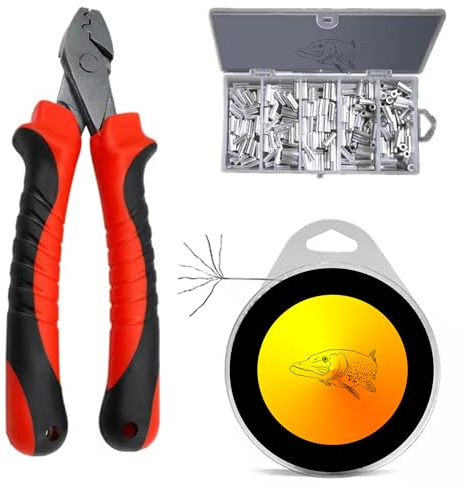 Generisch Klemmhülsenzange Set fürs Angeln – 250 Klemmhülsen + 10 m Stahlvorfach 7x7 – Profi Werkzeug für Raubfischangeln, Hecht, Zander & Wels Angelzubehör Crimpzange