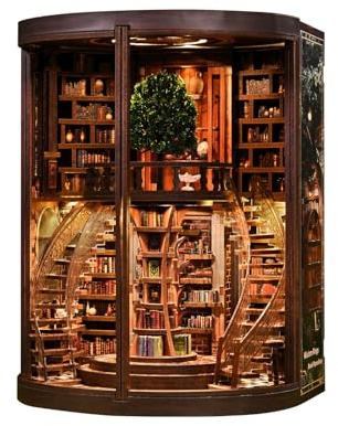 Wisdom Jahresring Book Nook DIY Miniaturhaus, 3D Holz Buchstütze Puzzle mit LED Touch-Licht, Rotierende Doppelbibliothek, Baum-Bücherregal & Acrylabdeckung Intelligent Tree