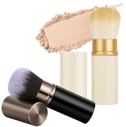 AOOTE Pinceau Kabuki rétractable,2pcs Pinceaux de Maquillage de voyage Portables avec Capuchon,Pinceaus Blush Rétractable,Pinceaus poudre de voyage pour blush, poudre bronzante(2*Petit)