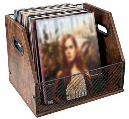 DICOSMETIC 38,5 x 28 x 28 cm, in legno di vinile, rustico, marrone, in legno, per album, caricatore, organizer con manico, decorazione per la casa e l'ufficio