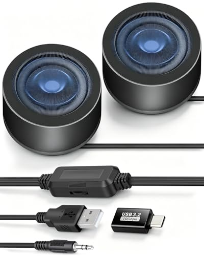 YANBORONSN Altavoz Mini PC para Escritorio, 6W, pequeño Altavoz para PC de 3,5 mm, Mini Altavoz para PC con alimentación USB y Adaptador USB C y Control de Volumen para Monitor, portátil (1,3 m)