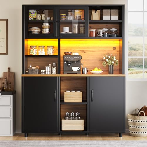 Ojjxh Küchenschrank mit LED, Hochschrank mit Schiebetüren & Arbeitsplatte, Buffetschrank mit Verstellbaren Regalen und Stauraum Regal, für Küche & Esszimmer & Wohnzimmer, Schwarz, 140x40.5x174.5cm