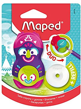 Maped 49130 - 2in1 Radier/ Anspitzer LOOPY TOTEM, nachfüllbar, inkl. 1x Ersatz-Radierer - zufällige Designs