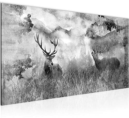 Runa Art Wandbild Hirsch Natur 1 Teilig 100 x 40 cm Modern Bild auf Vlies Leinwand Landschaft Wohnzimmer Schlafzimmer Schwarz Weiss 011412c