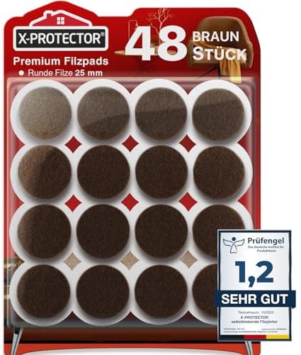 Almohadillas de Fieltro X-Protector – 48 Fieltro Adhesivo Premium Marrón 25 mm – Fieltros para Sillas – Protectores de Suelo para Muebles - Tapones para Patas de Sillas - Protector Patas Sillas
