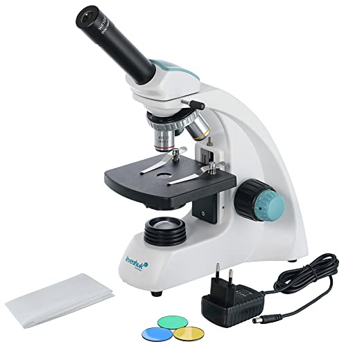 Levenhuk 400M LED Cordless Biological Compound Monocular Mikroskop mit 40- bis 400-Facher Vergrößerung und 3 Farbfiltern im Set