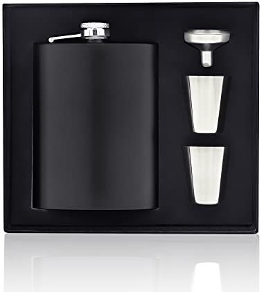 Flasque Alcool 8oz/230ml, Noir Mat Bouteille de Poche Alcool en Acier Inoxydable, Hip Flask Flasque de Whisky avec 2x Tasses et 1x Entonnoir, Flasque de Hanche pour Voyage Pêche Cadeau Fête des Pères
