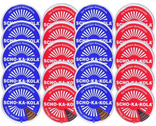 SCHO-KA-KOLA Original - Zartbitter 10er Pack (10x 100 g) & Vollmilch 10er Pack (10 x 100g) I Schokoladen-Tafel in der Dose I Koffein Schokolade I Schokoladen Snack I Kaffee Knabberartikel