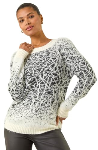 Roman Originals Women Mosaic Print Fluffy Jumper - Ladies Spring Everyday Summer Evening Vacation Work Holiday Long Sleeve Smart Casual - Ivory Black - Size 14