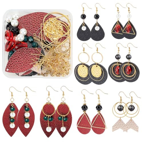SUNNYCLUE 1 boîte de Fabrication de 8 Paires de Boucles d'oreilles Géométriques en Cuir Comprenant des Breloques en Forme de Feuille Larme Ronde en PU Connecteurs de Liens de Géométrie