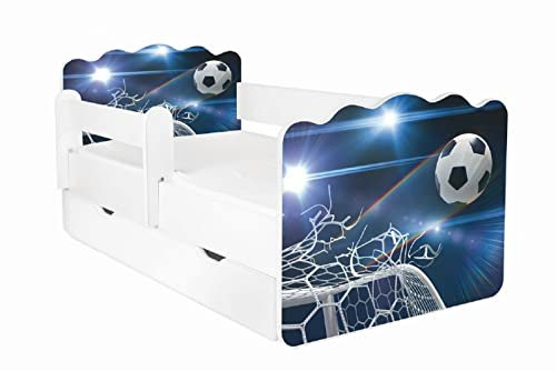 AS-TOR Kinderbett Jugendbett Alex 80x160cm mit Matratze, Schublade und Abnehmbarem Geländer - Bett Schlafzimmer Kindermöbel Kinderbetten für Mädchen Junge, Hochwertige Möbelplatte, Solide, Fußball