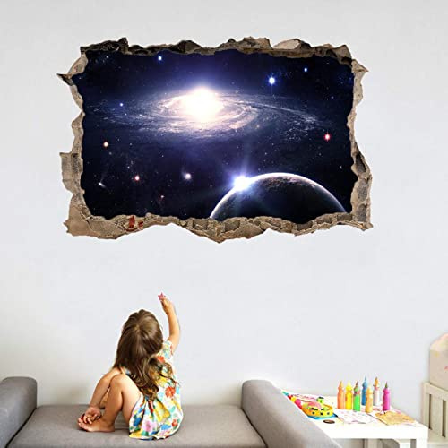 3D Durchbruch Wandtattoo Mädchen Kinderzimmer Galaxie Wandaufkleber Dekorative Planet B 60 x H 40 cm Abnehmbare Wandsticker Vinyl für Junge Teenager Zimmer Wohnzimmer Schlafzimmer Wandbilder Deko