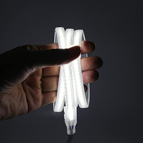 XUNATA Tira de LED COB 220V con Cinta Adhesiva, Alto Brillo 240 LED/m, IP65 Impermeable, Corte de 10cm, Luz de Cuerda Flexible con Alimentación (Blanco Frio, 1m)