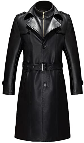 Trench-coat long en cuir pour homme 3/4, manteau militaire imitation revers zippé coupe ajustée, noir, taille L