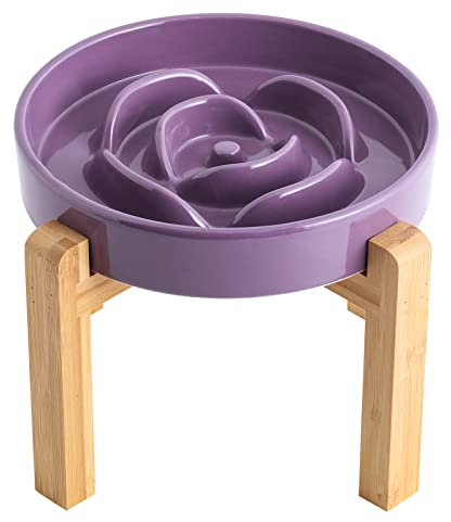 Addogyy Purple Elevated/Raised Dog Bowl Ceramic Slow Feeder with Wood Stand for Small Medium Large Dogs, 8.66 in Dog Dish to Slow Down Eating,Modern Heavy Slow Puppy Bowl for Fast Eaters