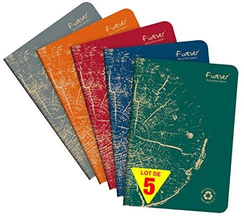 Clairefontaine 68486C - Packung mit 5 Notizheften FOREVER Premium 14,8x21cm, 90g Recycling Papier, 48 Blatt,liniert,farbig sortiert, 1 Pack