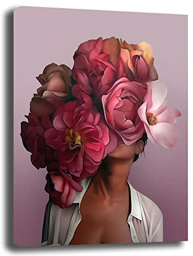 Quadro Moderno Verticale DONNA CON FIORI Rosa Quadri moderni soggiorno da Parete XXL grande Stampa su tela Canvas Decorazione Murale muro Arredo Camera da letto Cucina (50x70 cm, 1)