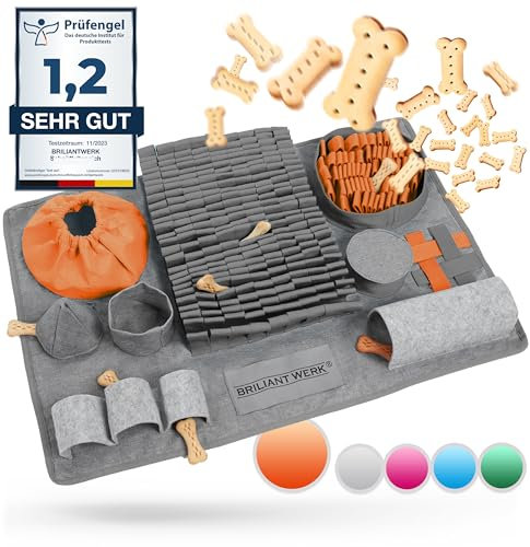 Briliantwerk® Schnüffelteppich Hund – Extrem widerstandsfähiges Material - 10 Trainingselemente und 3 Schwierigkeitsstufen – Das Intelligenzspielzeug für Hunde jeder Größe (Orange)