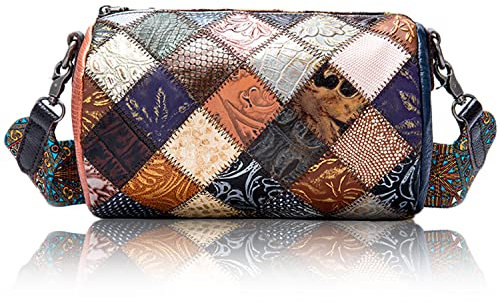 Karoukee Kleine Damen Umhängetasche mit Patchwork Design, Retro Geprägte Leder Schultertasche Crossbody Tasche Geldbörse für Frauen, Kleine Barrel Bag mit Abnehmbarem Breiten Riemen